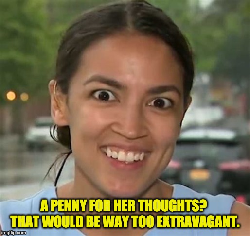 Alexandria Ocasio-Cortez | A PENNY FOR HER THOUGHTS?  THAT WOULD BE WAY TOO EXTRAVAGANT. | image tagged in alexandria ocasio-cortez | made w/ Imgflip meme maker