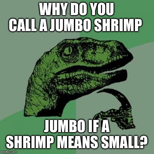 Philosoraptor Meme | WHY DO YOU CALL A JUMBO SHRIMP; JUMBO IF A SHRIMP MEANS SMALL? | image tagged in memes,philosoraptor | made w/ Imgflip meme maker