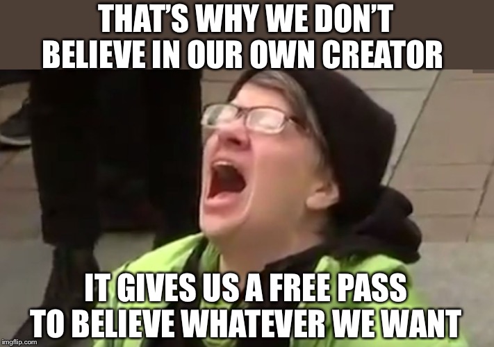 Screaming Liberal  | THAT’S WHY WE DON’T BELIEVE IN OUR OWN CREATOR IT GIVES US A FREE PASS TO BELIEVE WHATEVER WE WANT | image tagged in screaming liberal | made w/ Imgflip meme maker