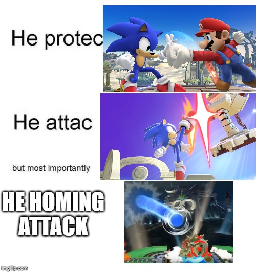 Smash Bros: Sonic in a nutshell.  1/82 of smash bros characters in a nutshell  | HE HOMING ATTACK | image tagged in he protec he attac but most importantly | made w/ Imgflip meme maker