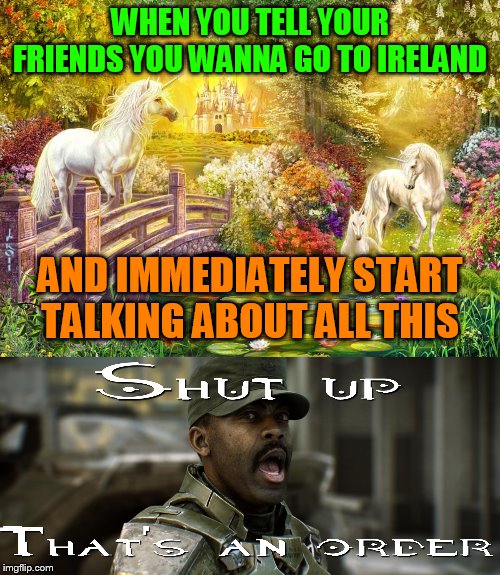Ireland is not some green themed fun land, it's another country that fought for their rights just like we did | WHEN YOU TELL YOUR FRIENDS YOU WANNA GO TO IRELAND; AND IMMEDIATELY START TALKING ABOUT ALL THIS | image tagged in halo,ireland,relatable,leprechaun,gaming,st patrick's day | made w/ Imgflip meme maker