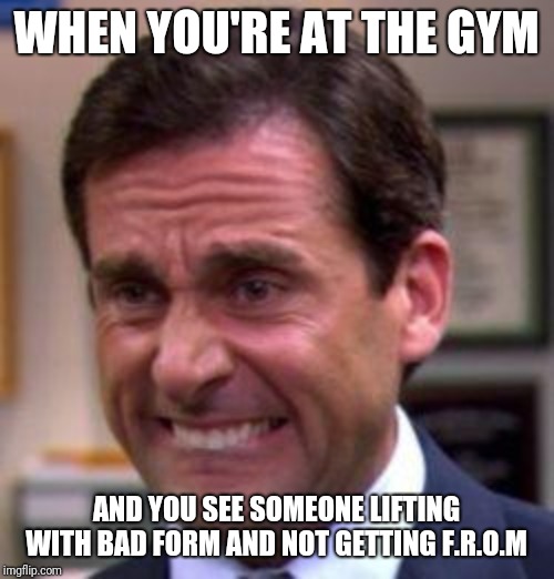 Michael Scott | WHEN YOU'RE AT THE GYM; AND YOU SEE SOMEONE LIFTING WITH BAD FORM AND NOT GETTING F.R.O.M | image tagged in michael scott | made w/ Imgflip meme maker