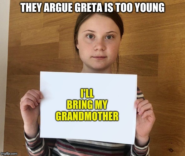 too young? | THEY ARGUE GRETA IS TOO YOUNG | image tagged in greta thunberg | made w/ Imgflip meme maker