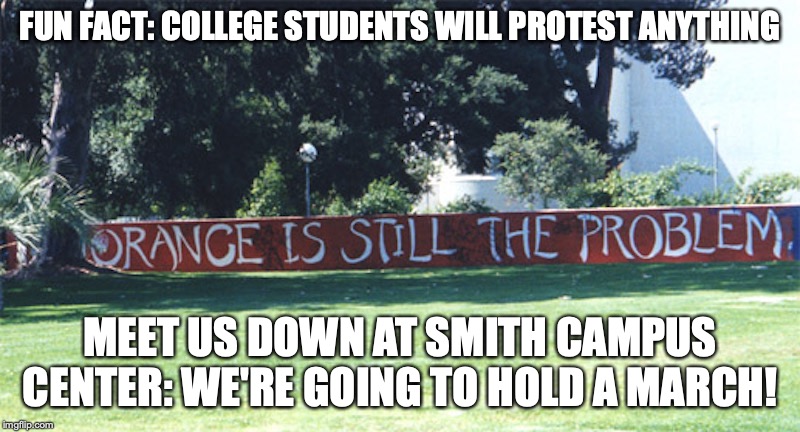 Walker Wall | FUN FACT: COLLEGE STUDENTS WILL PROTEST ANYTHING; MEET US DOWN AT SMITH CAMPUS CENTER: WE'RE GOING TO HOLD A MARCH! | image tagged in memes,funny,college | made w/ Imgflip meme maker