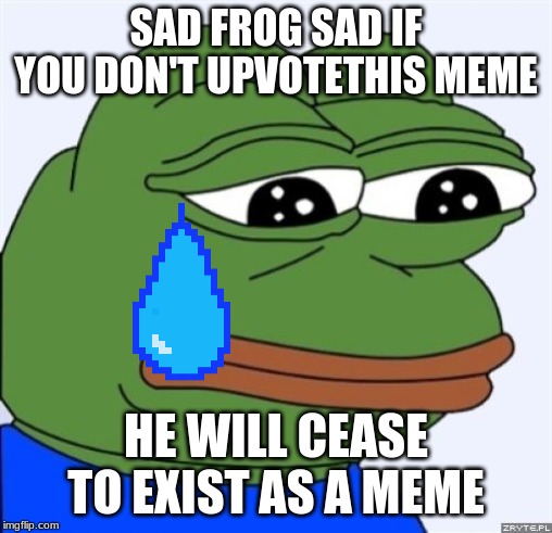 sad frog | SAD FROG SAD IF YOU DON'T UPVOTETHIS MEME; HE WILL CEASE TO EXIST AS A MEME | image tagged in sad frog | made w/ Imgflip meme maker