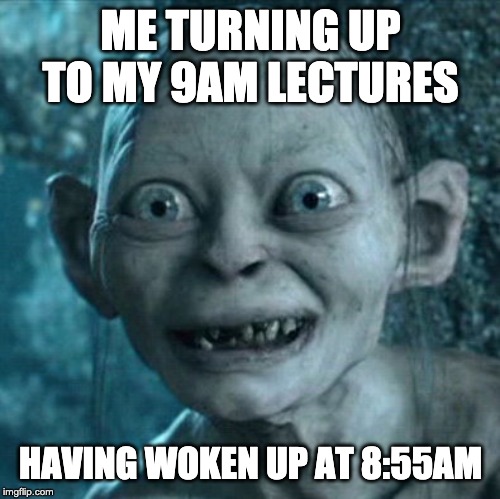 Gollum | ME TURNING UP TO MY 9AM LECTURES; HAVING WOKEN UP AT 8:55AM | image tagged in memes,gollum | made w/ Imgflip meme maker