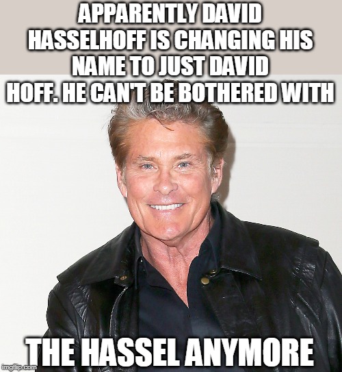 David Hasselhoff | APPARENTLY DAVID HASSELHOFF IS CHANGING HIS NAME TO JUST DAVID HOFF. HE CAN'T BE BOTHERED WITH; THE HASSEL ANYMORE | image tagged in david hasselhoff | made w/ Imgflip meme maker