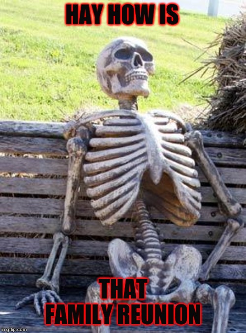 Waiting Skeleton Meme | HAY HOW IS; THAT FAMILY REUNION | image tagged in memes,waiting skeleton | made w/ Imgflip meme maker