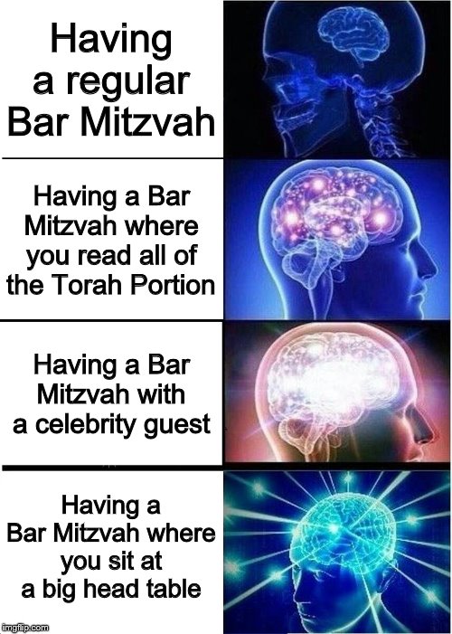 Expanding Brain Meme | Having a regular Bar Mitzvah; Having a Bar Mitzvah where you read all of the Torah Portion; Having a Bar Mitzvah with a celebrity guest; Having a Bar Mitzvah where you sit at a big head table | image tagged in memes,expanding brain | made w/ Imgflip meme maker
