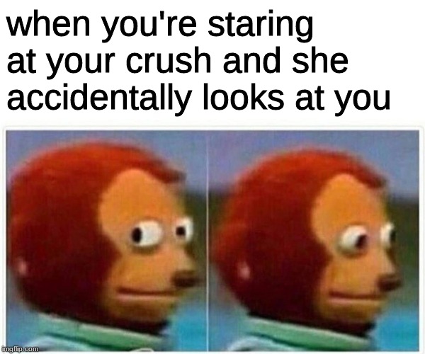 Monkey Puppet | when you're staring at your crush and she accidentally looks at you | image tagged in monkey puppet | made w/ Imgflip meme maker