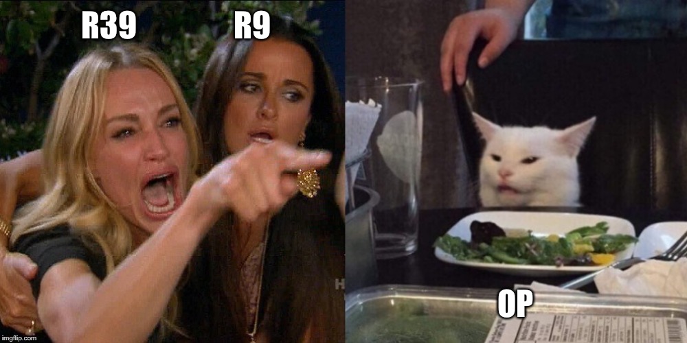Woman yelling at cat | R39                R9; OP | image tagged in woman yelling at cat | made w/ Imgflip meme maker