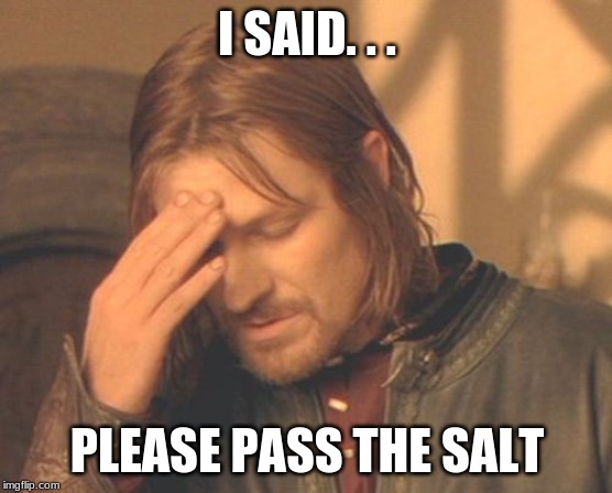 Frustrated Boromir | I SAID. . . PLEASE PASS THE SALT | image tagged in memes,frustrated boromir | made w/ Imgflip meme maker