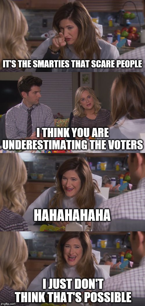 Underestimate the Voters | IT'S THE SMARTIES THAT SCARE PEOPLE; I THINK YOU ARE UNDERESTIMATING THE VOTERS; HAHAHAHAHA; I JUST DON'T THINK THAT'S POSSIBLE | image tagged in parks and rec,jennifer barkley,voters,leslie knope,ben wyatt | made w/ Imgflip meme maker
