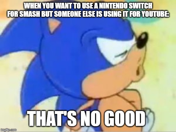 sonic that's no good | WHEN YOU WANT TO USE A NINTENDO SWITCH FOR SMASH BUT SOMEONE ELSE IS USING IT FOR YOUTUBE:; THAT'S NO GOOD | image tagged in sonic that's no good | made w/ Imgflip meme maker