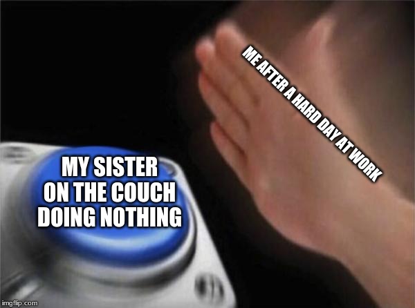 Blank Nut Button | ME AFTER A HARD DAY AT WORK; MY SISTER ON THE COUCH DOING NOTHING | image tagged in memes,blank nut button | made w/ Imgflip meme maker