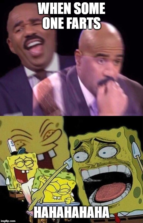 WHEN SOME ONE FARTS; HAHAHAHAHA | image tagged in steve harvey laughing serious,spongebob laughing hysterically | made w/ Imgflip meme maker