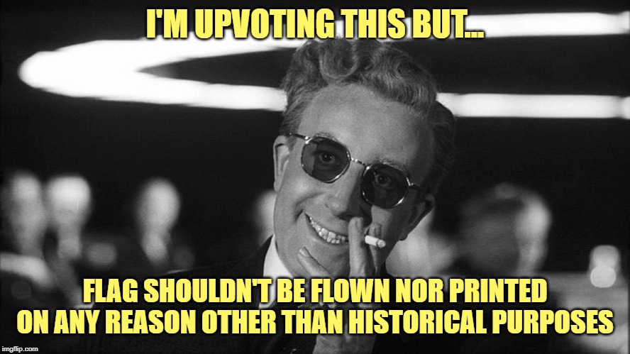 Doctor Strangelove says... | I'M UPVOTING THIS BUT... FLAG SHOULDN'T BE FLOWN NOR PRINTED ON ANY REASON OTHER THAN HISTORICAL PURPOSES | made w/ Imgflip meme maker