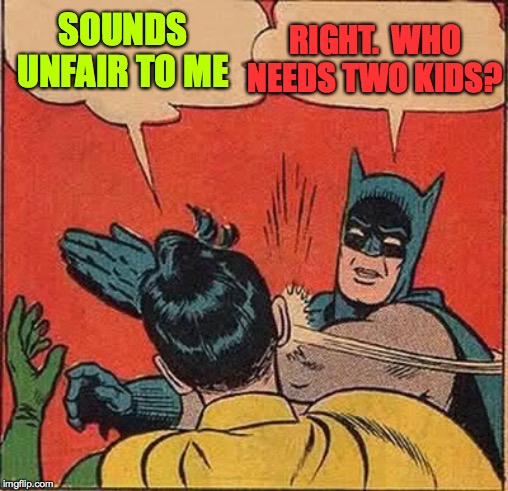 Batman Slapping Robin Meme | SOUNDS UNFAIR TO ME RIGHT.  WHO
NEEDS TWO KIDS? | image tagged in memes,batman slapping robin | made w/ Imgflip meme maker
