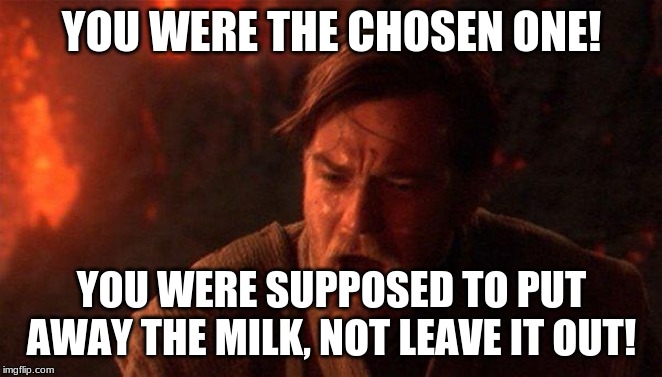 You Were The Chosen One (Star Wars) Meme | YOU WERE THE CHOSEN ONE! YOU WERE SUPPOSED TO PUT AWAY THE MILK, NOT LEAVE IT OUT! | image tagged in memes,you were the chosen one star wars | made w/ Imgflip meme maker