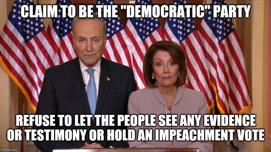 Chuck and Nancy | CLAIM TO BE THE "DEMOCRATIC" PARTY; REFUSE TO LET THE PEOPLE SEE ANY EVIDENCE OR TESTIMONY OR HOLD AN IMPEACHMENT VOTE | image tagged in chuck and nancy | made w/ Imgflip meme maker