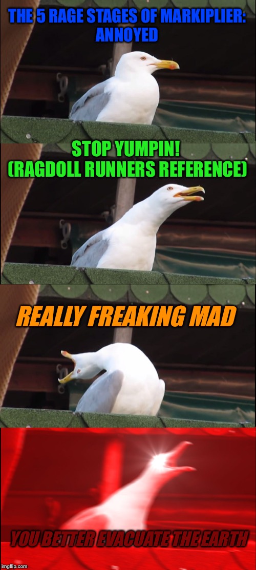 Inhaling Seagull | THE 5 RAGE STAGES OF MARKIPLIER:
ANNOYED; STOP YUMPIN! 
(RAGDOLL RUNNERS REFERENCE); REALLY FREAKING MAD; YOU BETTER EVACUATE THE EARTH | image tagged in memes,inhaling seagull | made w/ Imgflip meme maker