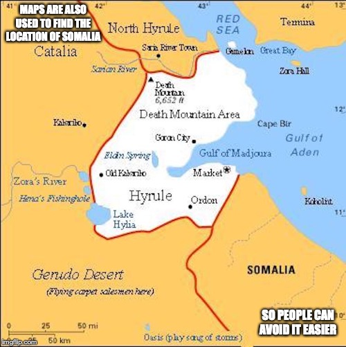 Hyrule Map | MAPS ARE ALSO USED TO FIND THE LOCATION OF SOMALIA; SO PEOPLE CAN AVOID IT EASIER | image tagged in hyrule,map,legend of zelda,memes | made w/ Imgflip meme maker