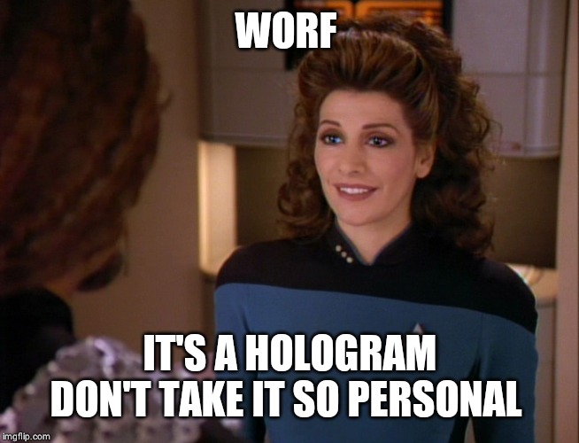 Counselor Troi Talking to Worf | WORF IT'S A HOLOGRAM DON'T TAKE IT SO PERSONAL | image tagged in counselor troi talking to worf | made w/ Imgflip meme maker