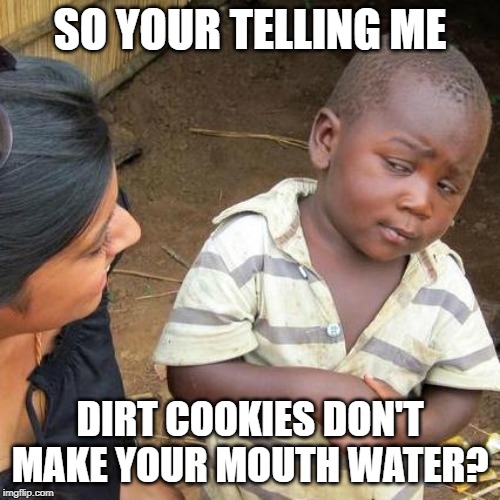 Third World Skeptical Kid | SO YOUR TELLING ME; DIRT COOKIES DON'T MAKE YOUR MOUTH WATER? | image tagged in memes,third world skeptical kid | made w/ Imgflip meme maker