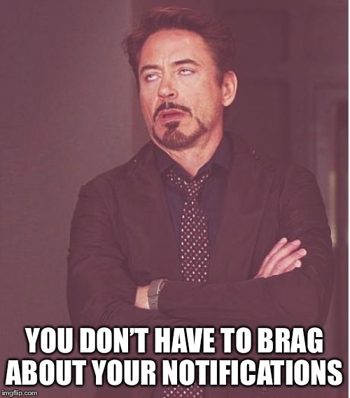 Face You Make Robert Downey Jr Meme | YOU DON’T HAVE TO BRAG ABOUT YOUR NOTIFICATIONS | image tagged in memes,face you make robert downey jr | made w/ Imgflip meme maker