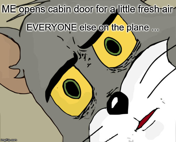 Unsettled Tom | ME opens cabin door for a little fresh air; EVERYONE else on the plane ... | image tagged in memes,unsettled tom | made w/ Imgflip meme maker