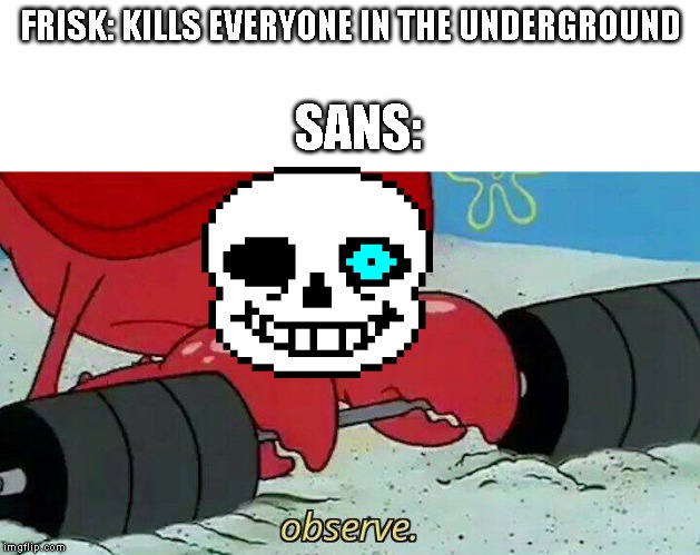 Observe | FRISK: KILLS EVERYONE IN THE UNDERGROUND; SANS: | image tagged in observe,sans | made w/ Imgflip meme maker