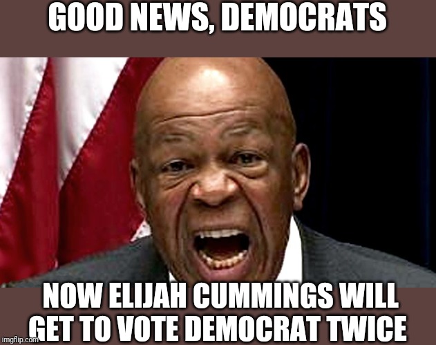 Elijah Cummings | GOOD NEWS, DEMOCRATS; NOW ELIJAH CUMMINGS WILL GET TO VOTE DEMOCRAT TWICE | image tagged in elijah cummings | made w/ Imgflip meme maker