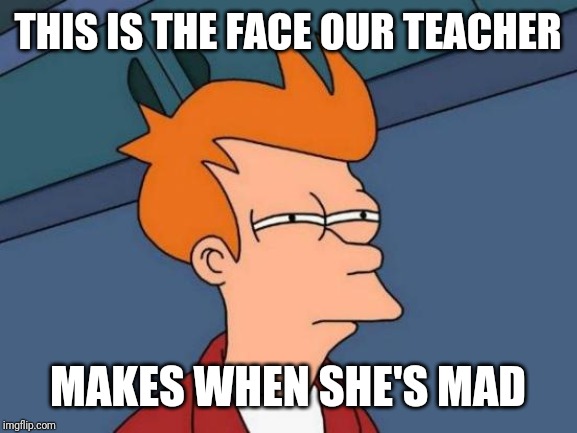 Futurama Fry Meme | THIS IS THE FACE OUR TEACHER; MAKES WHEN SHE'S MAD | image tagged in memes,futurama fry | made w/ Imgflip meme maker