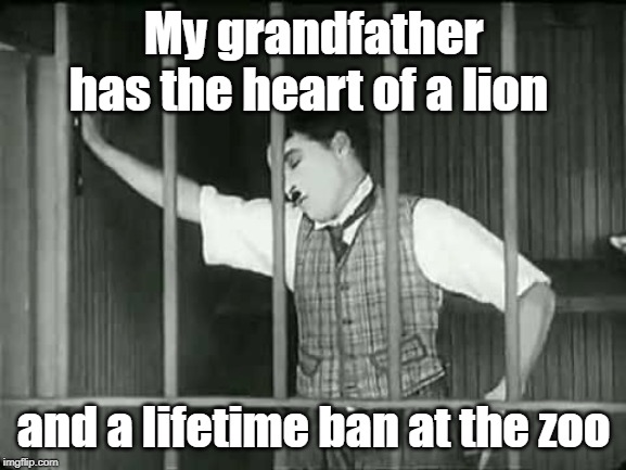 the heart of a lion | My grandfather has the heart of a lion; and a lifetime ban at the zoo | image tagged in charlie chaplin | made w/ Imgflip meme maker