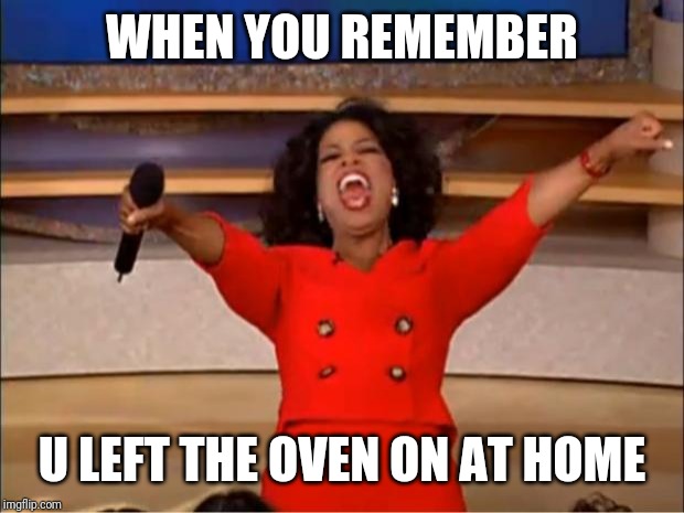 Oprah You Get A Meme | WHEN YOU REMEMBER; U LEFT THE OVEN ON AT HOME | image tagged in memes,oprah you get a | made w/ Imgflip meme maker