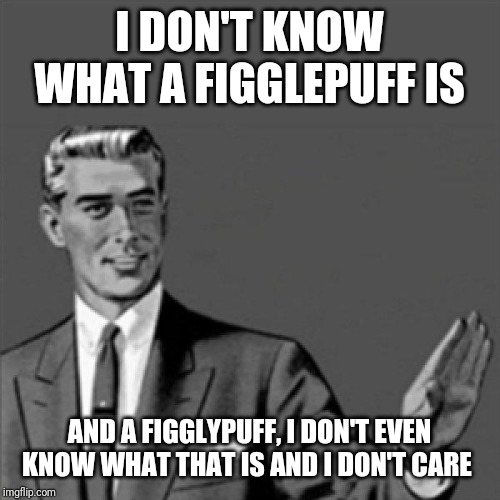 Correction guy | I DON'T KNOW WHAT A FIGGLEPUFF IS AND A FIGGLYPUFF, I DON'T EVEN KNOW WHAT THAT IS AND I DON'T CARE | image tagged in correction guy,funny memes,memes,funny | made w/ Imgflip meme maker