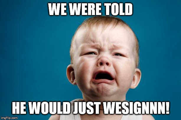 BABY CRYING | WE WERE TOLD HE WOULD JUST WESIGNNN! | image tagged in baby crying | made w/ Imgflip meme maker