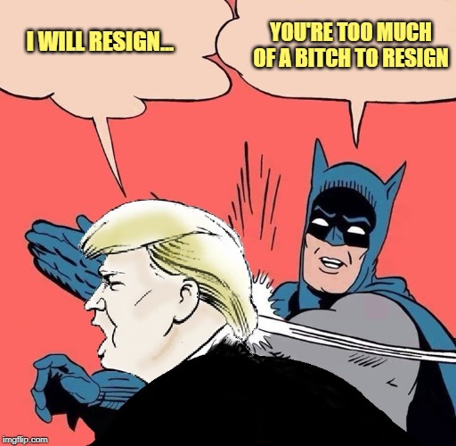 Batman Slapping Trump with Trump speech balloon | I WILL RESIGN... YOU'RE TOO MUCH OF A B**CH TO RESIGN | image tagged in batman slapping trump with trump speech balloon | made w/ Imgflip meme maker