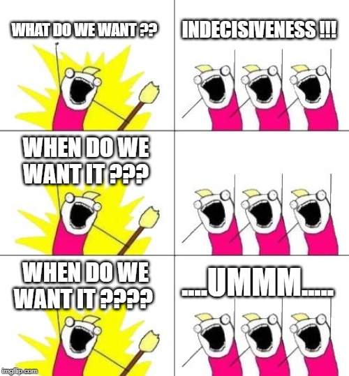 What Do We Want 3 Meme | WHAT DO WE WANT ?? INDECISIVENESS !!! WHEN DO WE WANT IT ??? WHEN DO WE WANT IT ???? ....UMMM..... | image tagged in memes,what do we want 3 | made w/ Imgflip meme maker