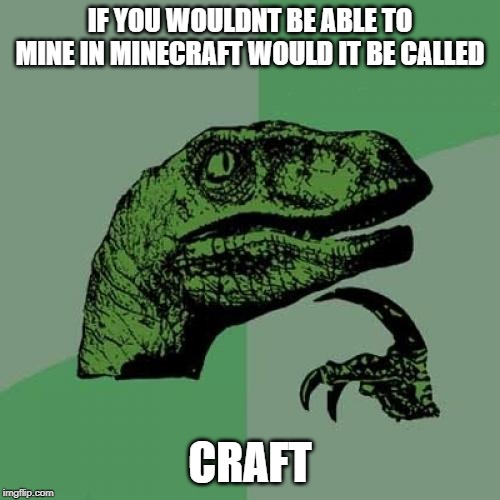 Philosoraptor | IF YOU WOULDNT BE ABLE TO MINE IN MINECRAFT WOULD IT BE CALLED; CRAFT | image tagged in memes,philosoraptor | made w/ Imgflip meme maker