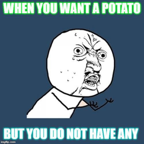 Y U No Meme | WHEN YOU WANT A POTATO; BUT YOU DO NOT HAVE ANY | image tagged in memes,y u no | made w/ Imgflip meme maker