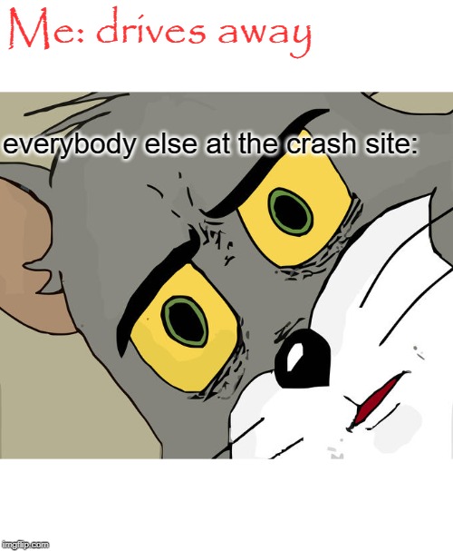 Unsettled Tom | Me: drives away; everybody else at the crash site: | image tagged in memes,unsettled tom | made w/ Imgflip meme maker