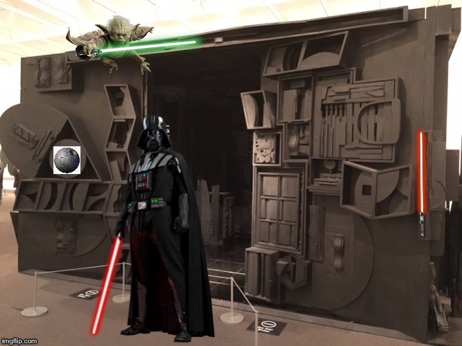 Darth Vader standing in front of a mysterious black room Blank Meme Template