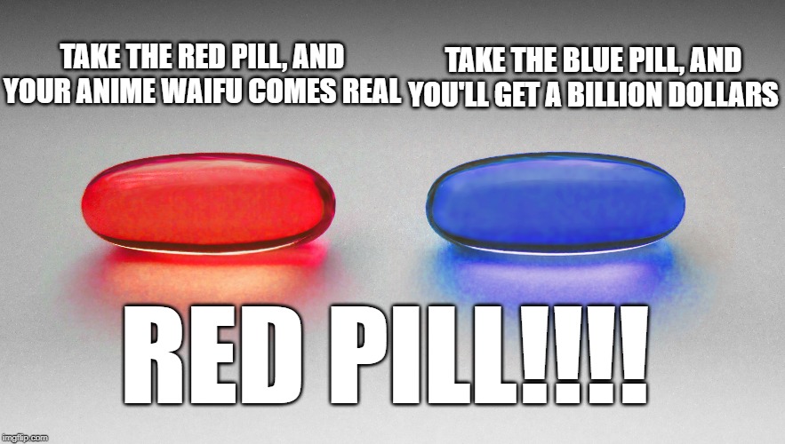 TAKE THE BLUE PILL, AND YOU'LL GET A BILLION DOLLARS; TAKE THE RED PILL, AND YOUR ANIME WAIFU COMES REAL; RED PILL!!!! | made w/ Imgflip meme maker