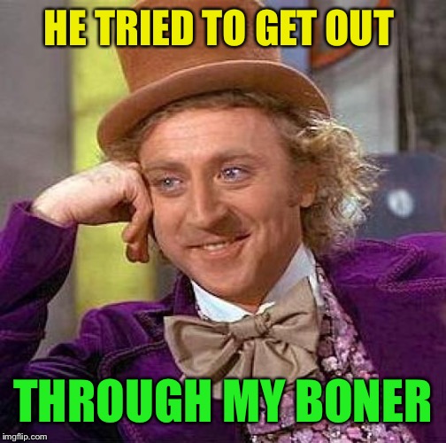 Creepy Condescending Wonka Meme | HE TRIED TO GET OUT THROUGH MY BONER | image tagged in memes,creepy condescending wonka | made w/ Imgflip meme maker