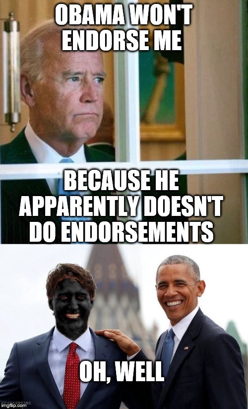 OBAMA WON'T ENDORSE ME; BECAUSE HE APPARENTLY DOESN'T DO ENDORSEMENTS; OH, WELL | image tagged in sad joe biden | made w/ Imgflip meme maker