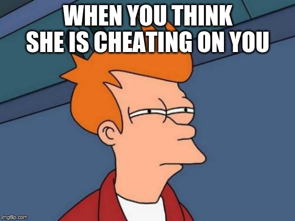 Futurama Fry Meme | WHEN YOU THINK SHE IS CHEATING ON YOU | image tagged in memes,futurama fry | made w/ Imgflip meme maker
