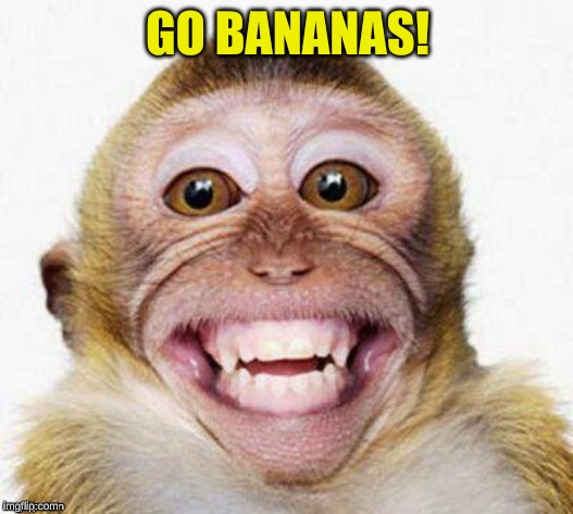 in a crazy world | GO BANANAS! | image tagged in happy monkey | made w/ Imgflip meme maker