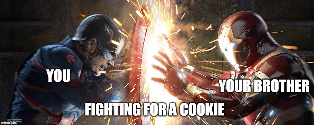 Marvel Civil War | YOUR BROTHER; YOU; FIGHTING FOR A COOKIE | image tagged in marvel civil war | made w/ Imgflip meme maker