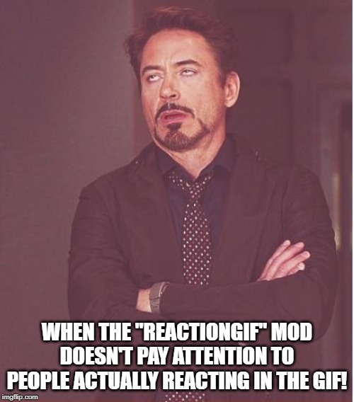 It IS a reactiongif if people are in it reacting, right? | WHEN THE "REACTIONGIF" MOD DOESN'T PAY ATTENTION TO PEOPLE ACTUALLY REACTING IN THE GIF! | image tagged in memes,face you make robert downey jr | made w/ Imgflip meme maker